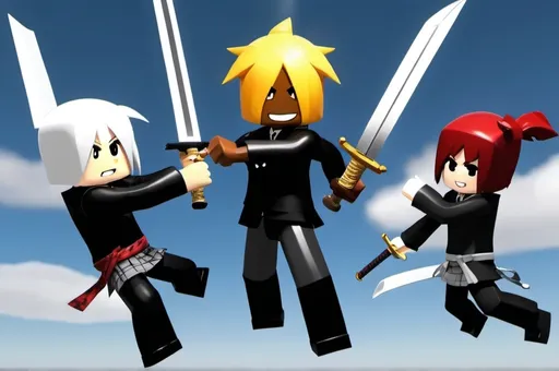 Prompt: anime roblox characters fighting in the air with swords intense