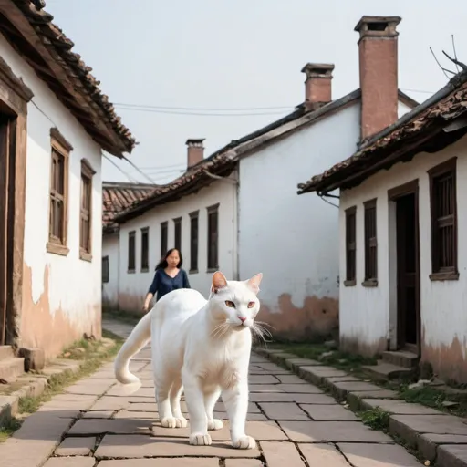 Prompt: a giant white cat walking on the roof of old house,  lady is walking on the road