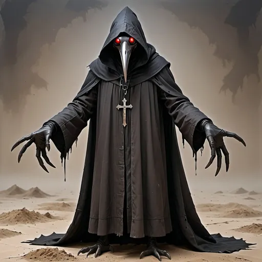 Prompt: Create an image of a dark, mysterious figure, reminiscent of a cross between a bird and a medieval plague doctor. The figure should wear a long, tattered black cloak with a hood that covers most of its body. The hood should cover the face almost completely, but leave a bird-like beak visible, reminiscent of plague doctor masks. The figure's eyes should be red and menacing. The figure's hands should be more reminiscent of a bird's claws. It is standing on a sandy surface, with its feet not visible. The background of the image should be dark and eerie, with weathered and rusty colors that create an atmosphere of abandonment and decay.