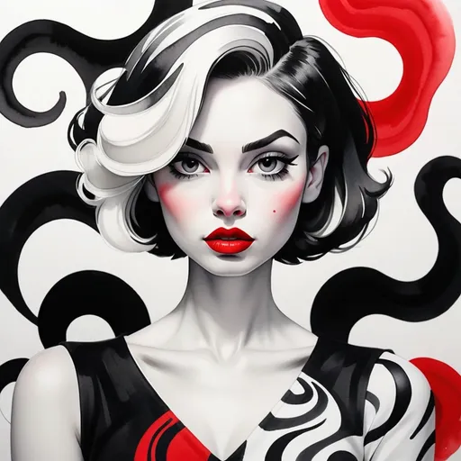 Prompt: watercolor portrait of a person in a striking black and white color scheme. The person has short hair parted in two (right white, left black) and is wearing red lipstick that matches her clothes. She is wearing a parted top (right black, left white) that contrasts strongly with the black and white background with abstract swirls. The person's pose and look show confidence and style.