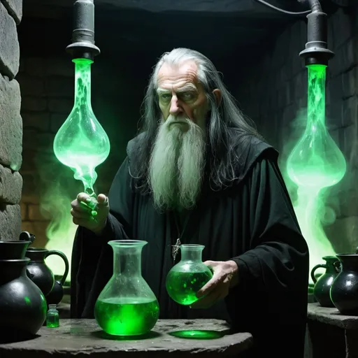 Prompt: Wizard, tall, thin old man, long  witch's nose, shoulder-length greasy black hair. Cold, calculating eyes. Wears flowing black robes in the basement laboratory. Surrounded by boiling cauldrons, glass vials and eerie green light. Misty with water drops on stone walls. Colors green and silver subtly incorporated. Stern facial expression, commanding presence