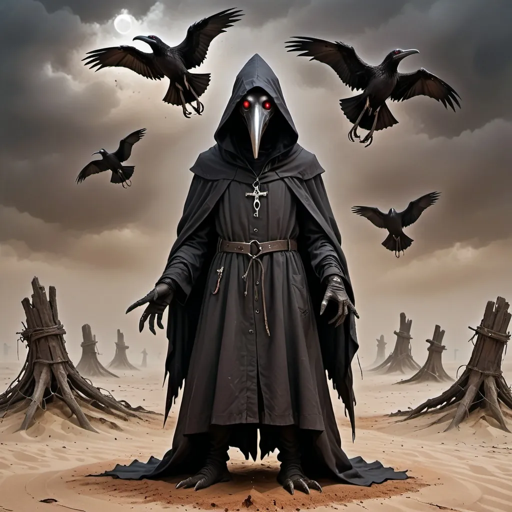 Prompt: Create an image of a dark, mysterious figure, reminiscent of a cross between a bird and a medieval plague doctor. The figure should wear a long, tattered black cloak with a hood that covers most of its body. The hood should cover the face almost completely, but leave a bird-like beak visible, reminiscent of plague doctor masks. The figure's eyes should be red and menacing. The figure's hands should be more reminiscent of a bird's claws. It is standing on a sandy surface, with its feet not visible. The background of the image should be dark and eerie, with weathered and rusty colors that create an atmosphere of abandonment and decay.