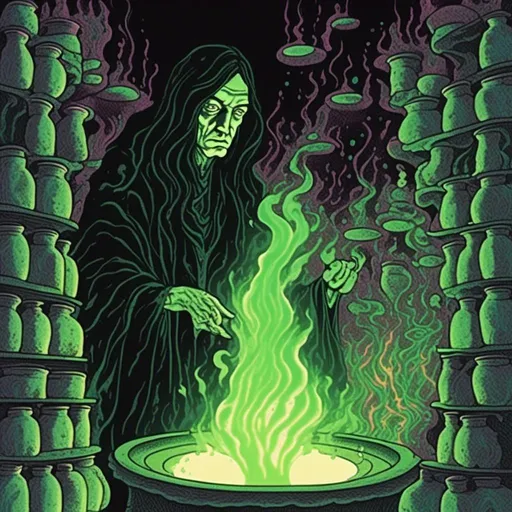 Prompt: <mymodel> Wizard, tall, thin old man, long  witch's nose, shoulder-length greasy black hair. Cold, calculating eyes. Wears flowing black robes in the basement laboratory. Surrounded by boiling cauldrons, glass vials and eerie green light. Misty with water drops on stone walls. Colors green and silver subtly incorporated. Stern facial expression, commanding presence