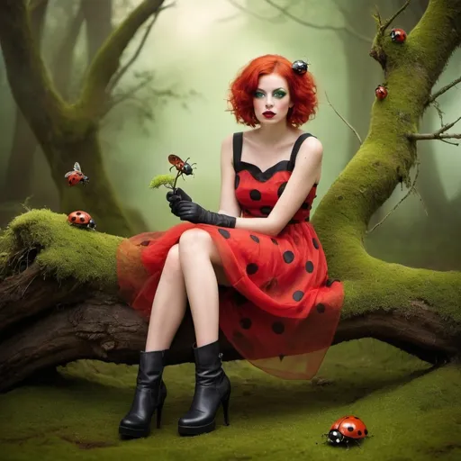 Prompt: <mymodel> A whimsical, surreal image depicts a woman with vibrant red hair and striking makeup sitting on a branch adorned with green moss. She is dressed in a voluminous red dress speckled with black polka dots and paired with high-heeled boots. In her hand, she holds a ladybug. Surrounding her are other ladybugs in various poses, adding to the fantastical nature of the scene. The background is a soft blur of warm tones, enhancing the dreamlike quality of the image.