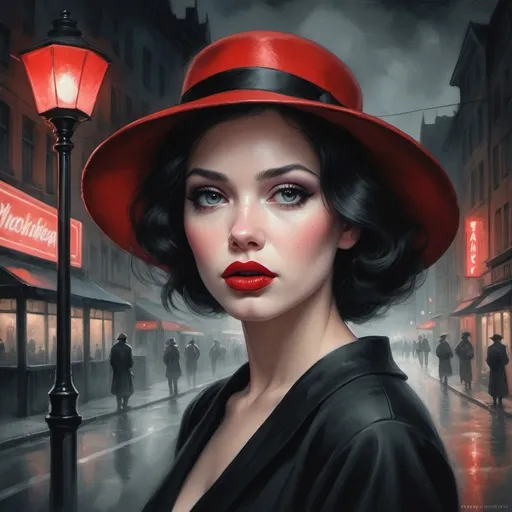 Prompt: Eine Frau mit roten Lippen im Film Noir-Stil, die vor einer Straßenlaterne lebt, mit sanften Fantasy-Elementen, malerischer Beleuchtung, einer Inspiration von Aquarell- und Malereieffekten, gotischer Ästhetik, hochdetaillierten Elementen, inspiriert von Künstlern wie Tom Bagshaw, Goro Fujita und Bill Carman.