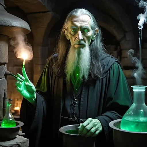 Prompt: Wizard, tall, thin old man, long  witch's nose, shoulder-length greasy black hair. Cold, calculating eyes. Wears flowing black robes in the basement laboratory. Surrounded by boiling cauldrons, glass vials and eerie green light. Misty with water drops on stone walls. Colors green and silver subtly incorporated. Stern facial expression, commanding presence