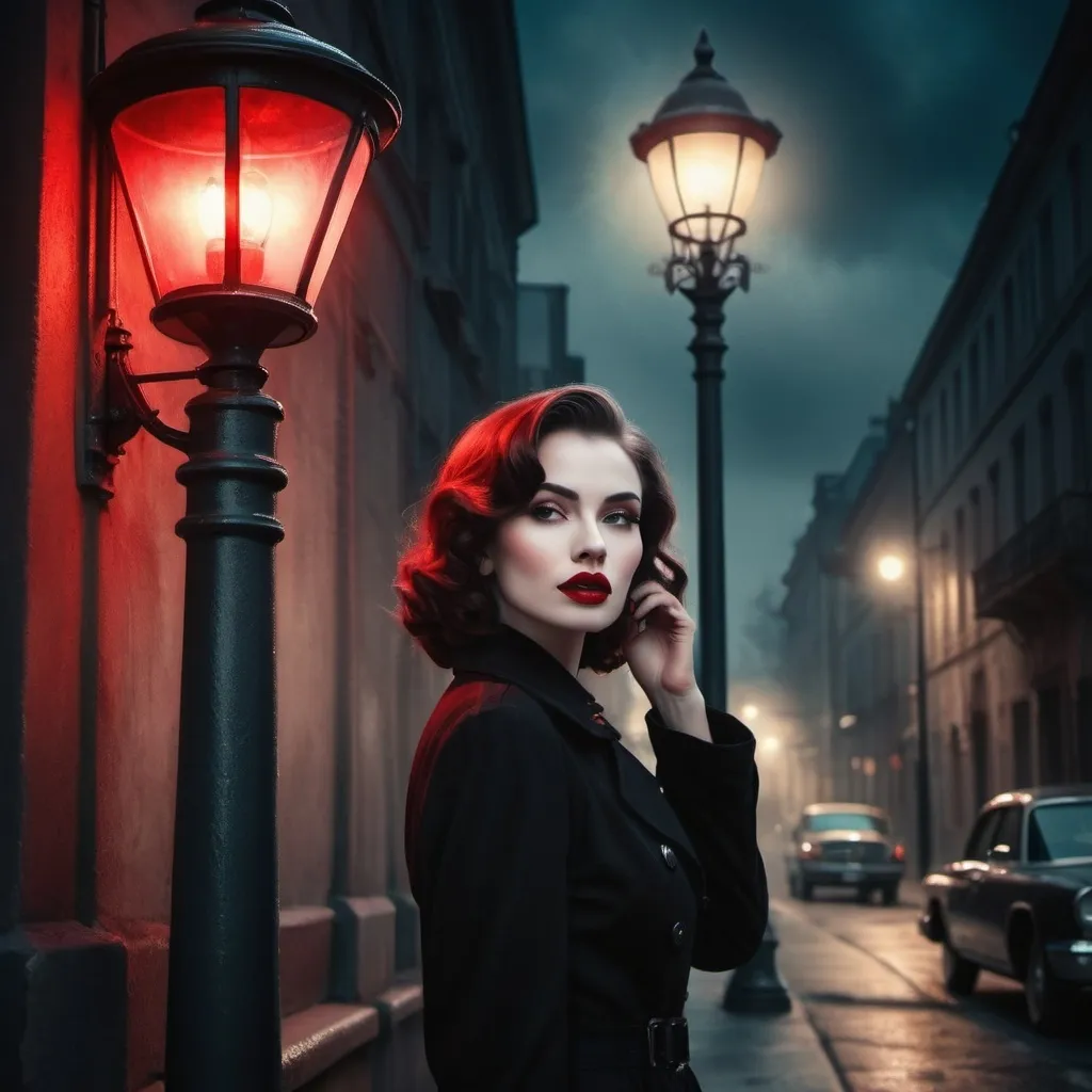 Prompt: A woman with red lips in film noir style stands next to a street lamp, with soft fantasy elements, picturesque lighting, an inspiration of watercolor and painting effects, gothic aesthetics, highly detailed elements,