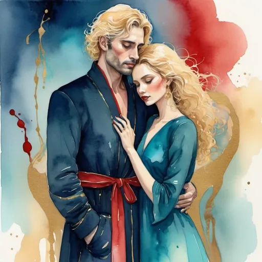 Prompt: Watercolor a stylish and artistic image of a couple in a surrealistic and colorful setting. The man should stand behind the woman and gently hold her with one arm around her. He is wearing a dark blue long robe with red and gold accents and has dark, slightly messy hair. The woman should wear a turquoise dress with gold embellishments and have curly, blonde hair. There should be gold lines and splashes around the two