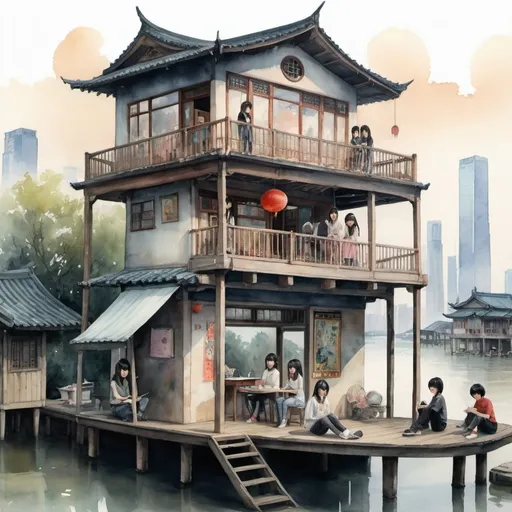 Prompt: A futuristic, surreal watercolor depiction of a group of emo teens in a picturesque house on stilts by the Huangpu River in Shanghai. The house has wooden floors and is decorated with band posters. Teens gather on a small balcony, playing guitar and sharing their dreams. The river provides a calming backdrop. Characters such as Mei, a quiet girl with a passion for poetry, and Jin, a talented artist, are present. The scene emphasizes the peaceful community and the house as a symbol of their resilience and connection.