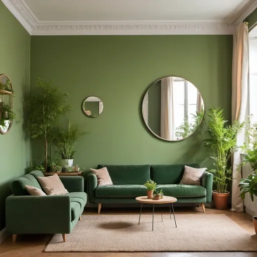 Prompt: A room pint in à warm green with a stylish sofa and à mirror in the wall, and simple cessions and some plantes and flowers