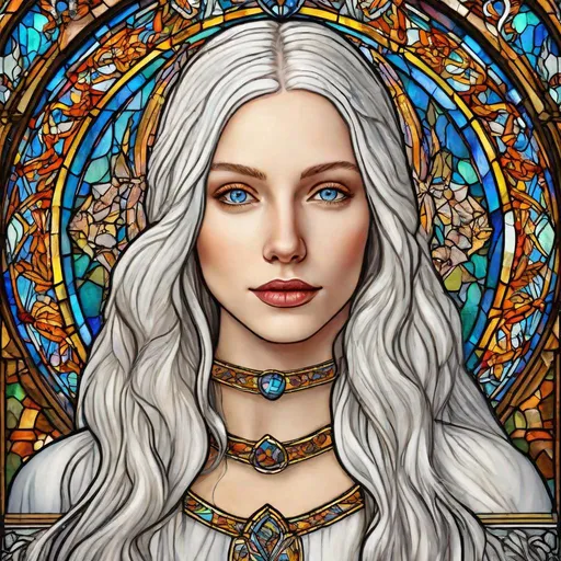 Prompt: beautiful 20 year old women with white hair, white eyebrows, light skin, realistic, ultrarealistic, high quality art, bright eyes, long hair, beauty, real, long hair, symmetrical, anime wide eyes, fair, delicate, medieval, stained glass behind her