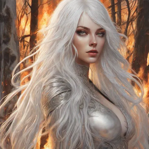 Prompt: beautiful 20 year old women with white hair, white eyebrows, light skin, realistic, ultrarealistic, high quality art, bright eyes, long hair, beauty, real, long hair, symmetrical, anime wide eyes, assasin, fair, delicate, standing in burning forest