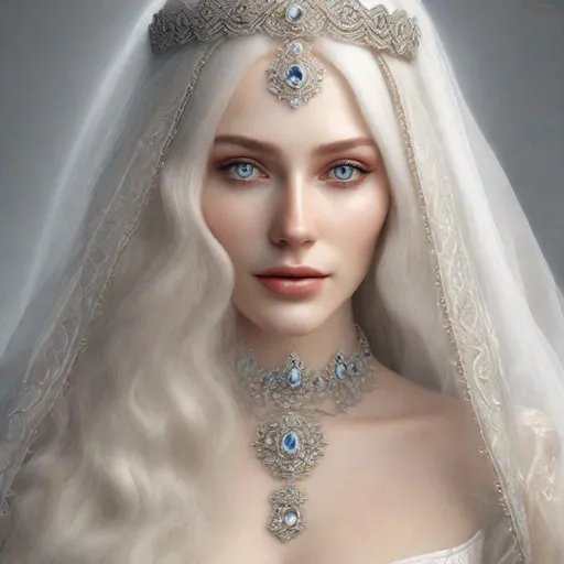 Prompt: beautiful 20 year old women with white hair, white eyebrows, light skin, realistic, ultrarealistic, high quality art, bright eyes, long hair, beauty, real, long hair, symmetrical, anime wide eyes, fair, delicate, medieval, getting married, in a white long dress and a wedding veil 