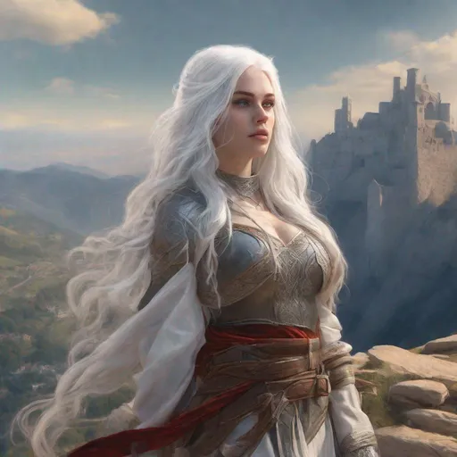 Prompt: beautiful 20 year old women with white hair, white eyebrows, light skin, realistic, ultrarealistic, high quality art, bright eyes, long hair, beauty, real, long hair, symmetrical, anime wide eyes, fair, delicate, medieval, assassin, rouge, standing on the top of a mountain