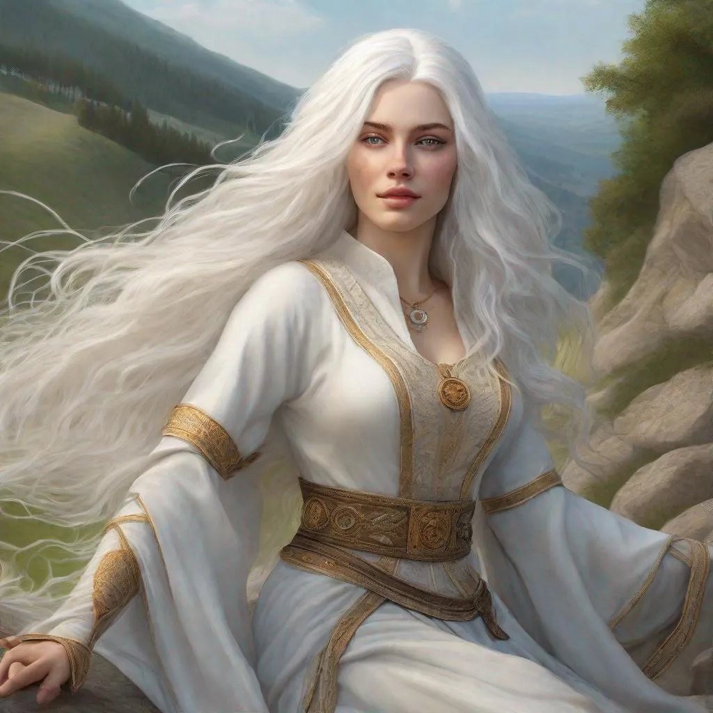 Prompt: beautiful 20 year old women with white hair, white eyebrows, light skin, realistic, ultrarealistic, high quality art, bright eyes, long hair, beauty, real, long hair, symmetrical, anime wide eyes, fair, delicate, medieval, running up a hill