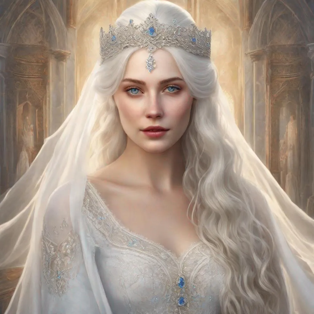 Prompt: beautiful 20 year old women with white hair, white eyebrows, light skin, realistic, ultrarealistic, high quality art, bright eyes, long hair, beauty, real, long hair, symmetrical, anime wide eyes, fair, delicate, medieval, getting married, in a white long dress and a wedding veil, royal