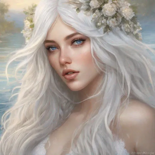 Prompt: beautiful 20 year old women with white hair, white eyebrows, light skin, realistic, ultrarealistic, high quality art, bright eyes, long hair, beauty, real, fair, delicate, long hair, symmetrical, anime wide eyes