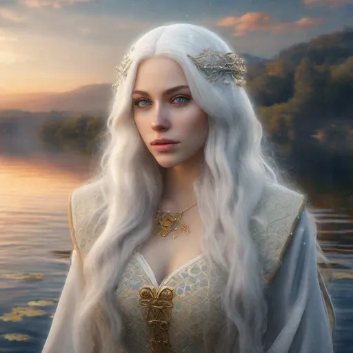 Prompt: beautiful 20 year old women with white hair, white eyebrows, light skin, realistic, ultrarealistic, high quality art, bright eyes, long hair, beauty, real, long hair, symmetrical, anime wide eyes, fair, delicate, standing on the water, medieval
