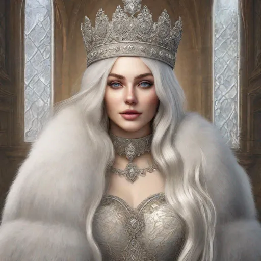 Prompt: beautiful 20 year old women with white hair, white eyebrows, light skin, realistic, ultrarealistic, high quality art, bright eyes, long hair, beauty, real, long hair, symmetrical, anime wide eyes, fair, delicate, medieval, wearing a big fur coat and a fur hat, royal