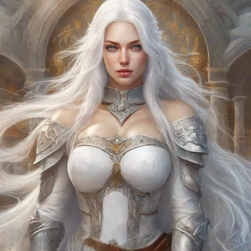 Prompt: beautiful 20 year old women with white hair, white eyebrows, light skin, realistic, ultrarealistic, high quality art, bright eyes, long hair, beauty, real, long hair, symmetrical, anime wide eyes, fair, delicate, medieval, fighting in the middle of a battle
