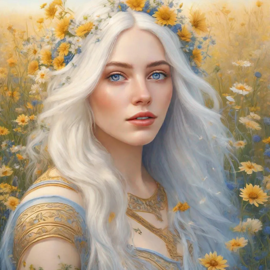 Prompt: beautiful 20 year old women with white hair, white eyebrows, light skin, realistic, ultrarealistic, high quality art, bright eyes, long hair, beauty, real, long hair, symmetrical, anime wide eyes, fair, delicate, medieval, happy, running on a meadow, golden hour, flowers in her hair, blue