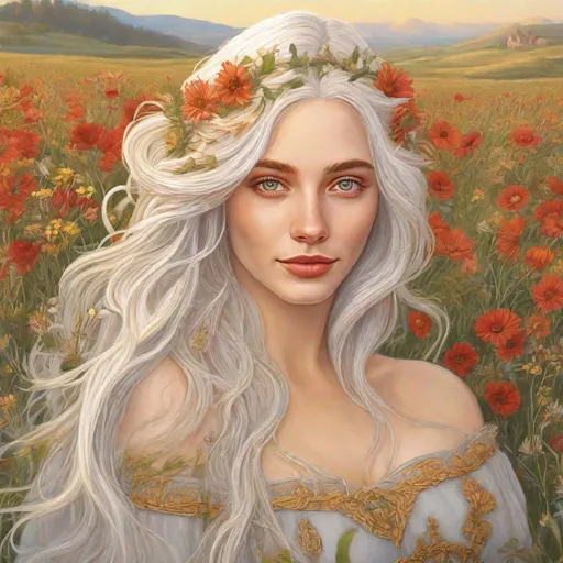 Prompt: beautiful 20 year old women with white hair, white eyebrows, light skin, realistic, ultrarealistic, high quality art, bright eyes, long hair, beauty, real, long hair, symmetrical, anime wide eyes, fair, delicate, medieval, happy, running on a meadow, golden hour, flowers in her hair, red