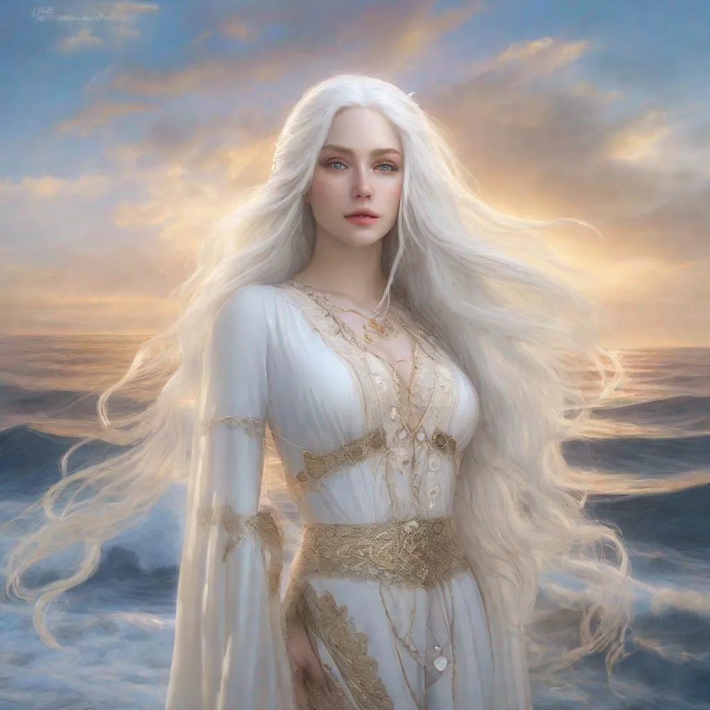 Prompt: beautiful 20 year old women with white hair, white eyebrows, light skin, realistic, ultrarealistic, high quality art, bright eyes, long hair, beauty, real, long hair, symmetrical, anime wide eyes, fair, delicate, standing on the sea, medivial, royal