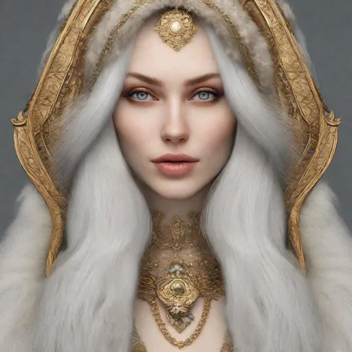 Prompt: beautiful 20 year old women with white hair, white eyebrows, light skin, realistic, ultrarealistic, high quality art, bright eyes, long hair, beauty, real, long hair, symmetrical, anime wide eyes, fair, delicate, medieval, wearing a big fur coat and a fur hat, royal