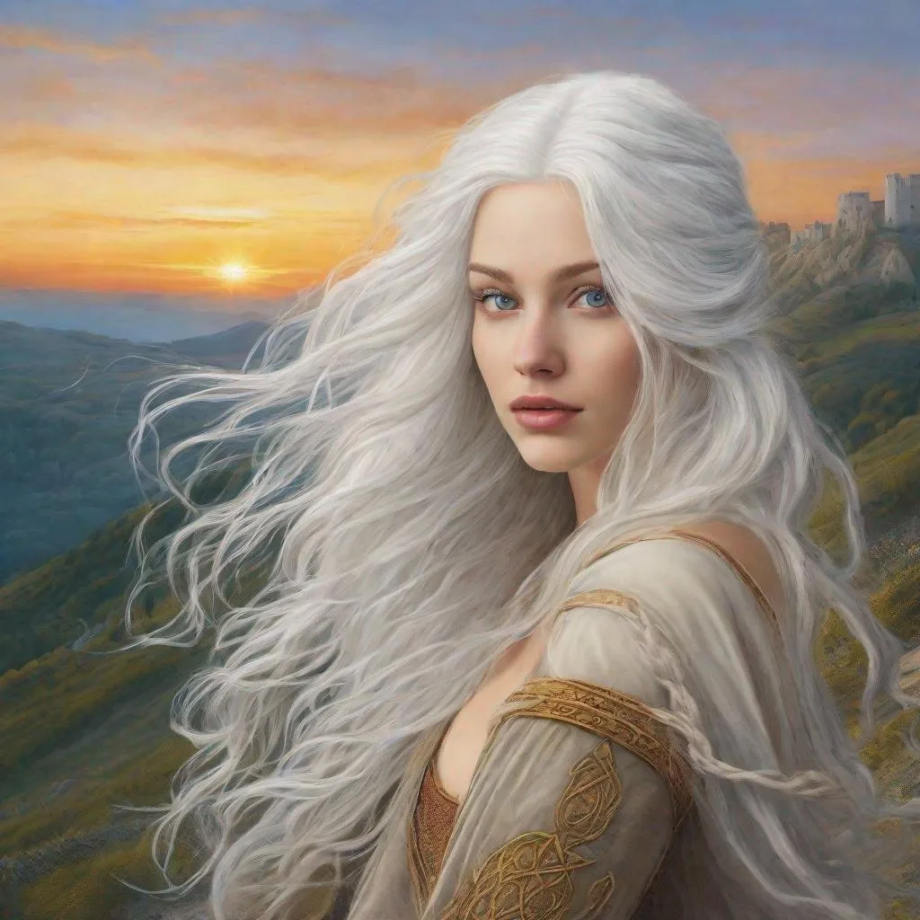 Prompt: beautiful 20 year old women with white hair, white eyebrows, light skin, realistic, ultrarealistic, high quality art, bright eyes, long hair, beauty, real, long hair, symmetrical, anime wide eyes, fair, delicate, medieval, running up a hill