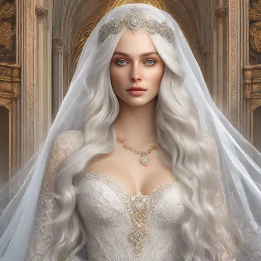 Prompt: beautiful 20 year old women with white hair, white eyebrows, light skin, realistic, ultrarealistic, high quality art, bright eyes, long hair, beauty, real, long hair, symmetrical, anime wide eyes, fair, delicate, medieval, getting married, in a white long dress and a wedding veil, royal