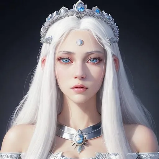 Prompt: beautiful 20 year old women with white hair, white eyebrowns, light skin, crown on her head, royal, realistic, ultrarealistic, high quality art, bright eyes, medivial, goddess, long hair, royalty, beauty, real, fair, delicate, long hair, symmetrical, anime wide eyes