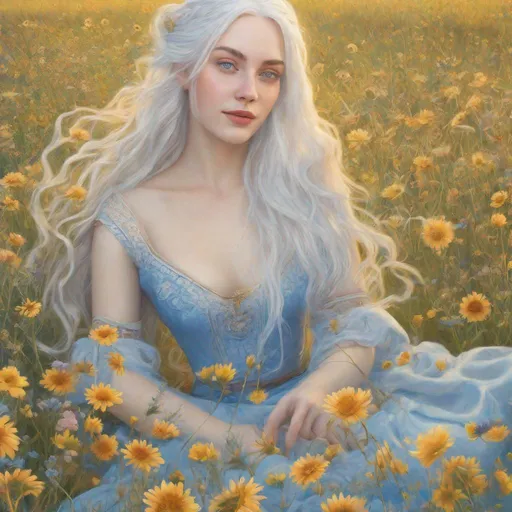 Prompt: beautiful 20 year old women with white hair, white eyebrows, light skin, realistic, ultrarealistic, high quality art, bright eyes, long hair, beauty, real, long hair, symmetrical, anime wide eyes, fair, delicate, medieval, happy, running on a meadow, golden hour, flowers in her hair, blue
