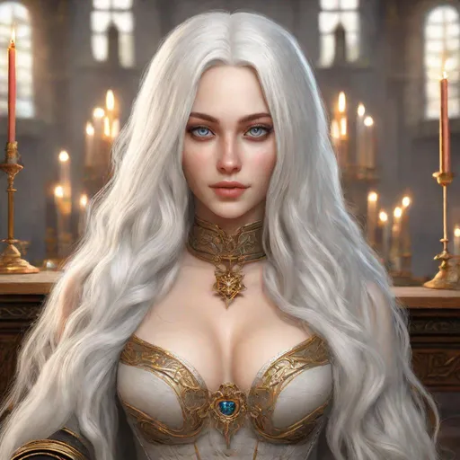 Prompt: beautiful 20 year old women with white hair, white eyebrows, light skin, realistic, ultrarealistic, high quality art, bright eyes, long hair, beauty, real, long hair, symmetrical, anime wide eyes, fair, delicate, medieval, standing behind a table preparing to war