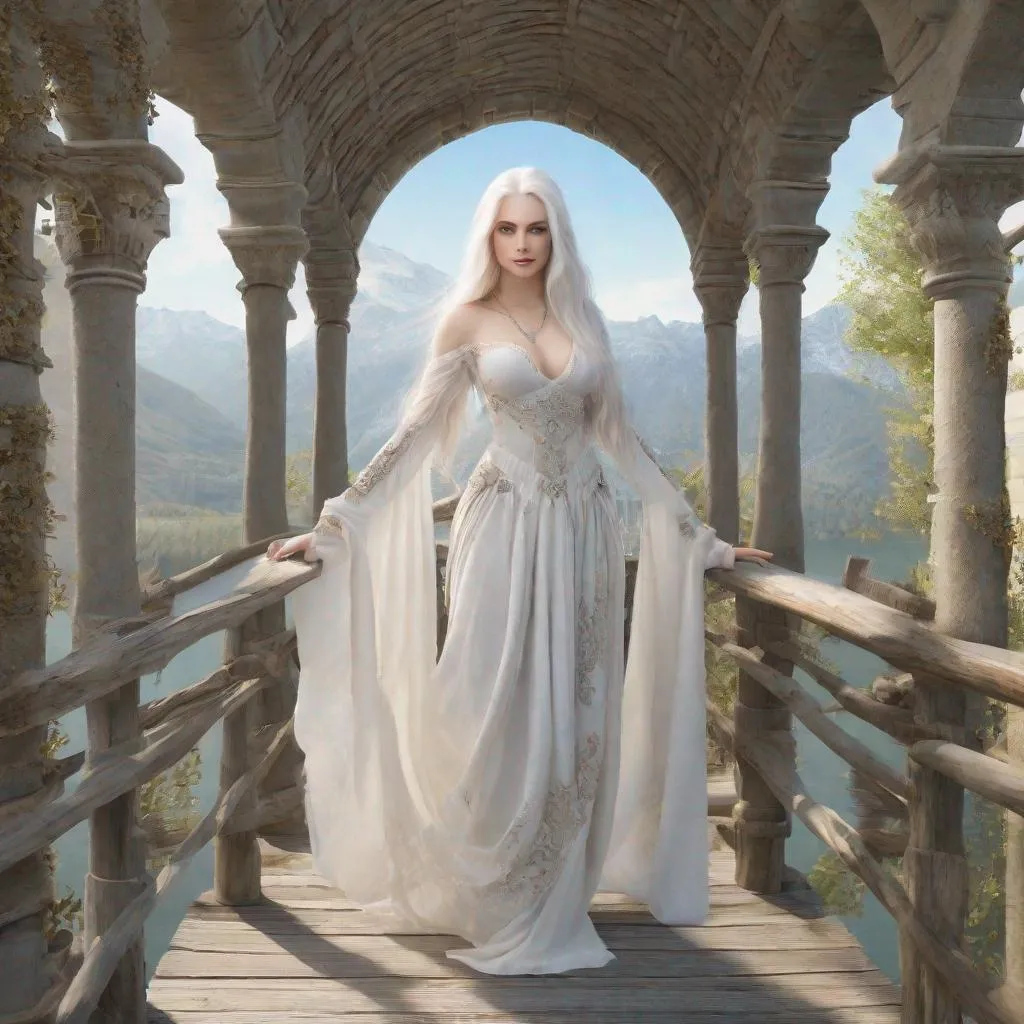 Prompt: beautiful 20 year old women with white hair, white eyebrows, light skin, realistic, ultrarealistic, high quality art, bright eyes, long hair, beauty, real, long hair, symmetrical, anime wide eyes, fair, delicate, medieval, standing on a bridge