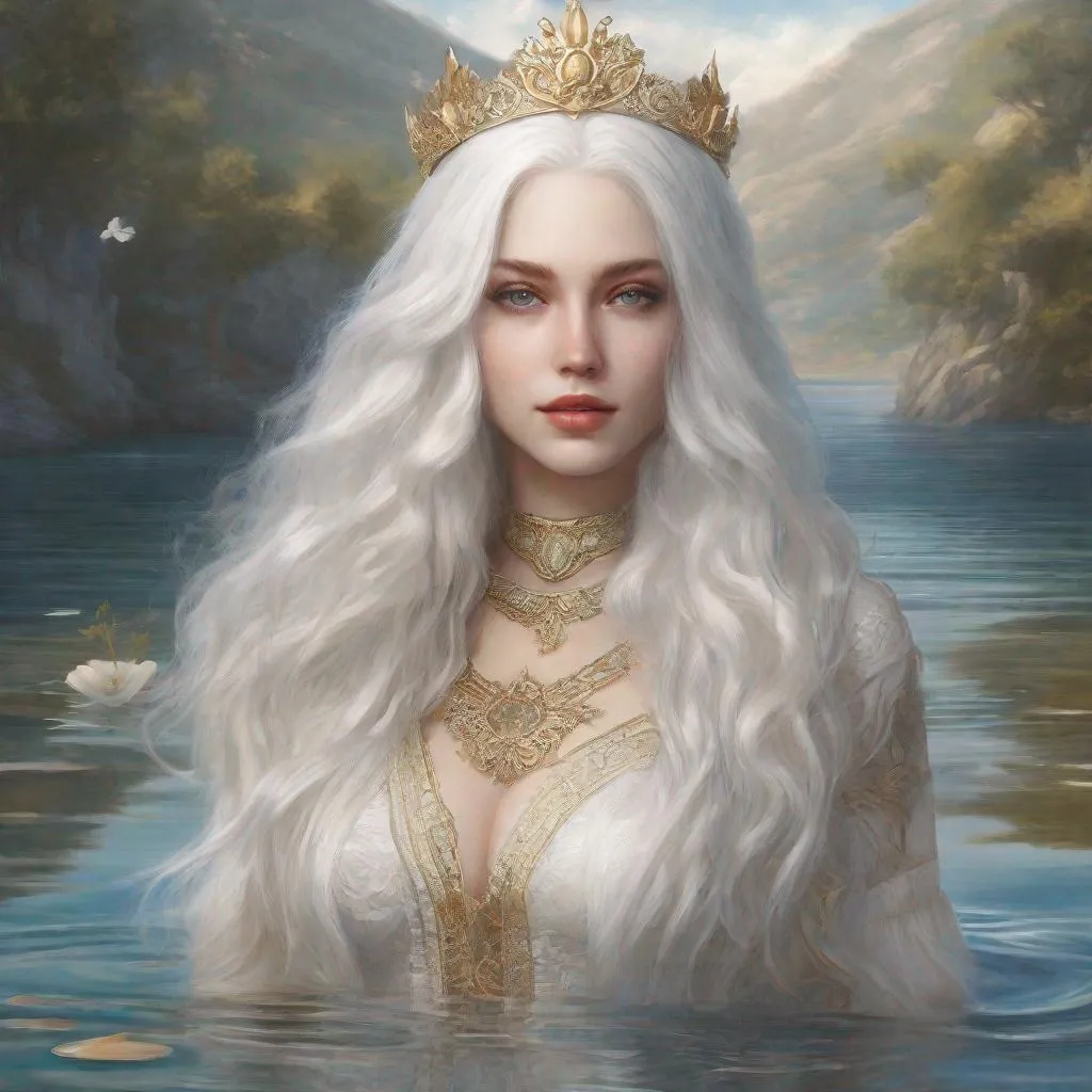 Prompt: beautiful 20 year old women with white hair, white eyebrows, light skin, realistic, ultrarealistic, high quality art, bright eyes, long hair, beauty, real, long hair, symmetrical, anime wide eyes, fair, delicate, standing on the water, medivial, royal