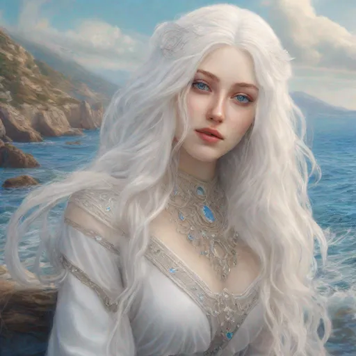 Prompt: beautiful 20 year old women with white hair, white eyebrows, light skin, realistic, ultrarealistic, high quality art, bright eyes, long hair, beauty, real, long hair, symmetrical, anime wide eyes, fair, delicate, on the sea, medivial