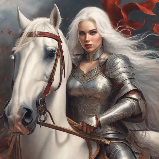 Prompt: beautiful 20 year old women with white hair, white eyebrows, light skin, realistic, ultrarealistic, high quality art, bright eyes, long hair, beauty, real, long hair, symmetrical, anime wide eyes, fair, delicate, medieval, assassin, rouge, riding a horse into a battle, royal