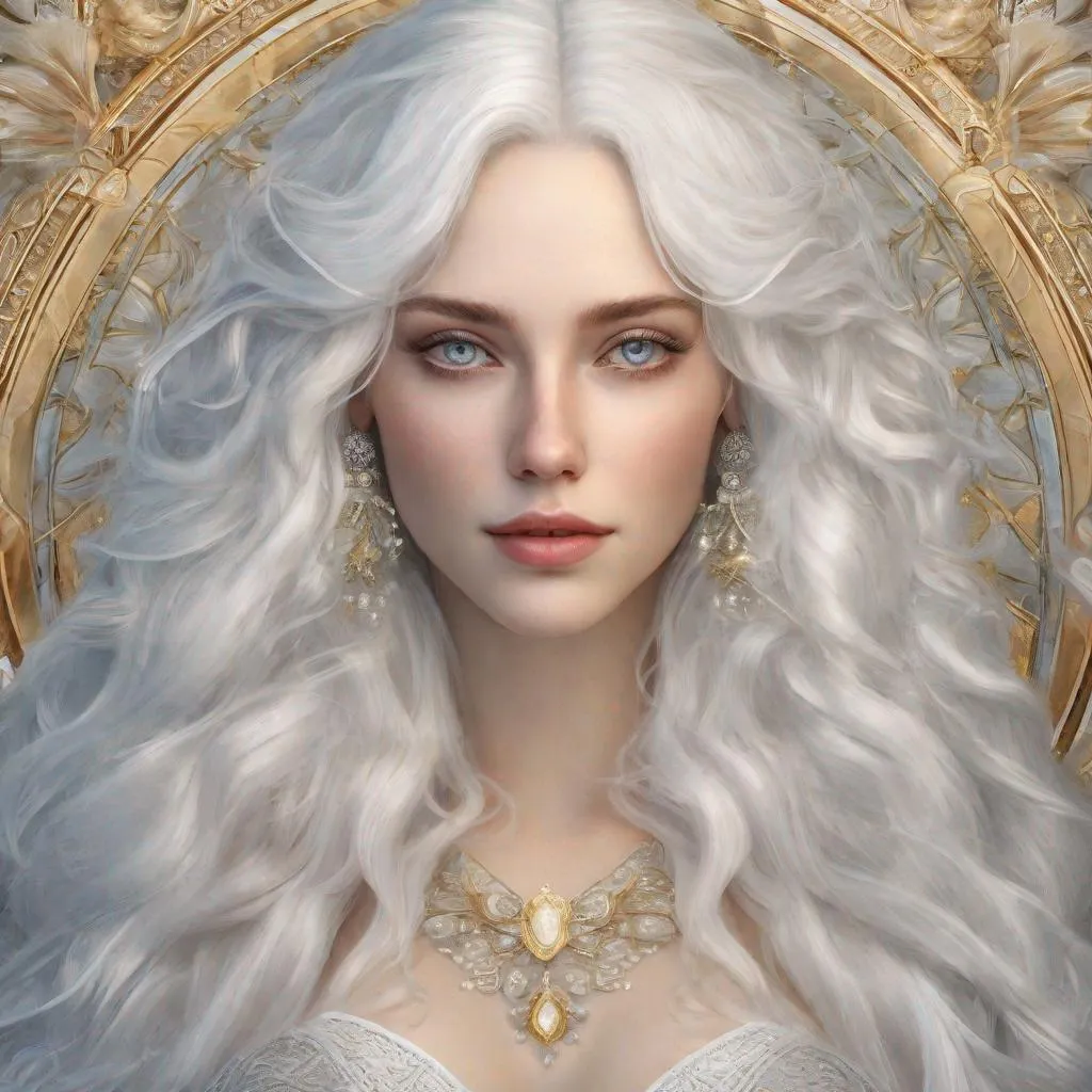 Prompt: beautiful 20 year old women with white hair, white eyebrowns, light skin, royal, realistic, ultrarealistic, high quality art, bright eyes, medivial, goddess, long hair, royalty, beauty, real, fair, delicate, long hair, symmetrical, anime wide eyes