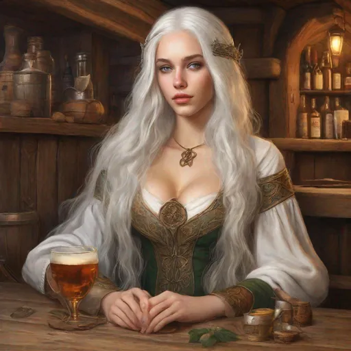 Prompt: beautiful 20 year old women with white hair, white eyebrows, light skin, realistic, ultrarealistic, high quality art, bright eyes, long hair, beauty, real, long hair, symmetrical, anime wide eyes, fair, delicate, medieval, sitting in a tavern with a pale elf