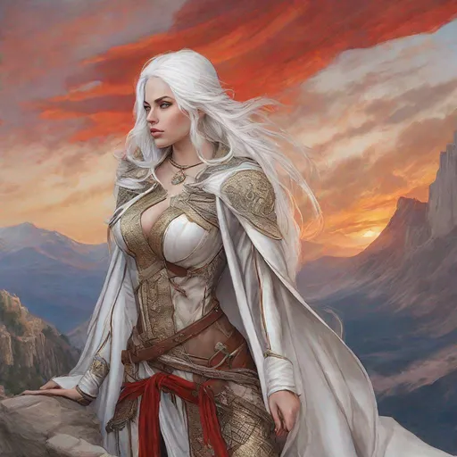 Prompt: beautiful 20 year old women with white hair, white eyebrows, light skin, realistic, ultrarealistic, high quality art, bright eyes, long hair, beauty, real, long hair, symmetrical, anime wide eyes, fair, delicate, medieval, assassin, rouge, standing on the top of a mountain, royal