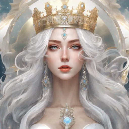 Prompt: beautiful 20 year old women with white hair, white eyebrowns, light skin, crown on her head, royal, realistic, ultrarealistic, high quality art, bright eyes, medivial, goddess, long hair, royalty, beauty, real, fair, delicate, long hair, symmetrical, anime wide eyes