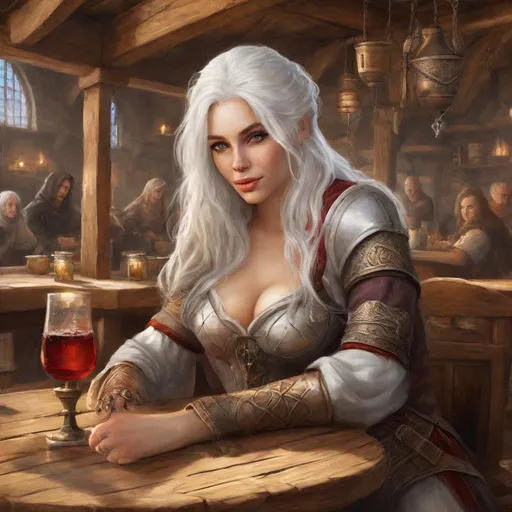 Prompt: beautiful 20 year old women with white hair, white eyebrows, light skin, realistic, ultrarealistic, high quality art, bright eyes, long hair, beauty, real, long hair, symmetrical, anime wide eyes, fair, delicate, medieval, assassin, rouge, sitting in a tavern
