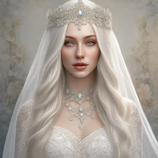 Prompt: beautiful 20 year old women with white hair, white eyebrows, light skin, realistic, ultrarealistic, high quality art, bright eyes, long hair, beauty, real, long hair, symmetrical, anime wide eyes, fair, delicate, medieval, getting married, in a white long dress and a wedding veil 