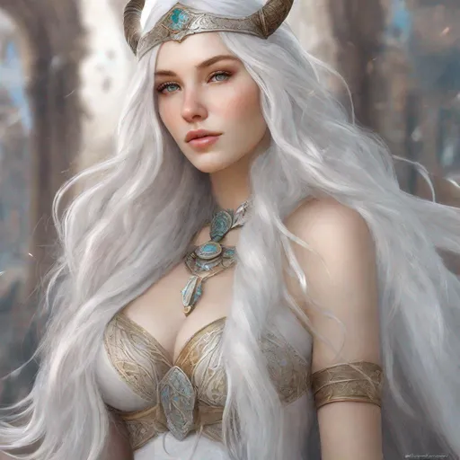 Prompt: beautiful 20 year old women with white hair, white eyebrowns, light skin, viking, realistic, ultrarealistic, high quality art, bright eyes, medivial, long hair, beauty, real, fair, delicate, long hair, symmetrical, anime wide eyes