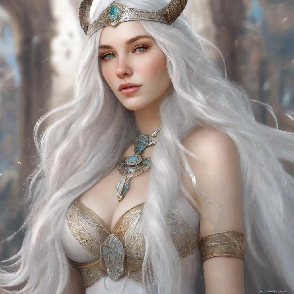 Prompt: beautiful 20 year old women with white hair, white eyebrowns, light skin, viking, realistic, ultrarealistic, high quality art, bright eyes, medivial, long hair, beauty, real, fair, delicate, long hair, symmetrical, anime wide eyes