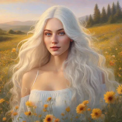 Prompt: beautiful 20 year old women with white hair, white eyebrows, light skin, realistic, ultrarealistic, high quality art, bright eyes, long hair, beauty, real, long hair, symmetrical, anime wide eyes, fair, delicate, medieval, happy, running on a meadow, golden hour, flowers in her hair
