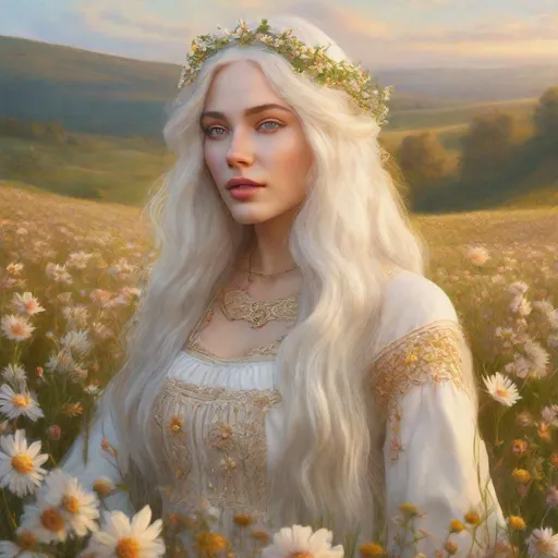 Prompt: beautiful 20 year old women with white hair, white eyebrows, light skin, realistic, ultrarealistic, high quality art, bright eyes, long hair, beauty, real, long hair, symmetrical, anime wide eyes, fair, delicate, medieval, happy, on a meadow, golden hour, flowers in her hair