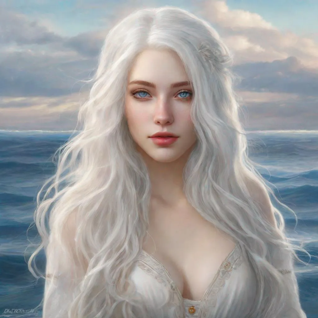 Prompt: beautiful 20 year old women with white hair, white eyebrows, light skin, realistic, ultrarealistic, high quality art, bright eyes, long hair, beauty, real, long hair, symmetrical, anime wide eyes, fair, delicate, standing on the sea, medivial