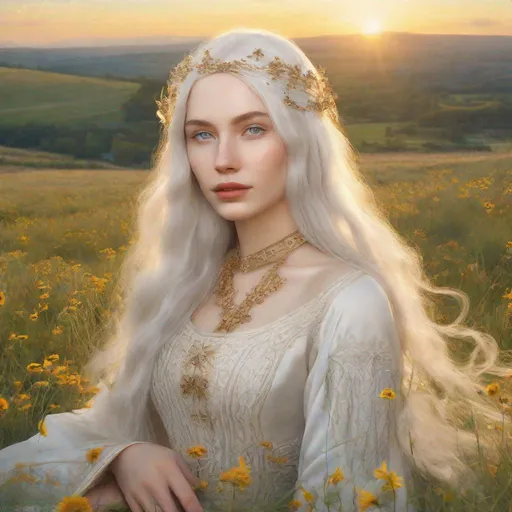 Prompt: beautiful 20 year old women with white hair, white eyebrows, light skin, realistic, ultrarealistic, high quality art, bright eyes, long hair, beauty, real, long hair, symmetrical, anime wide eyes, fair, delicate, medieval, happy, on a meadow, golden hour