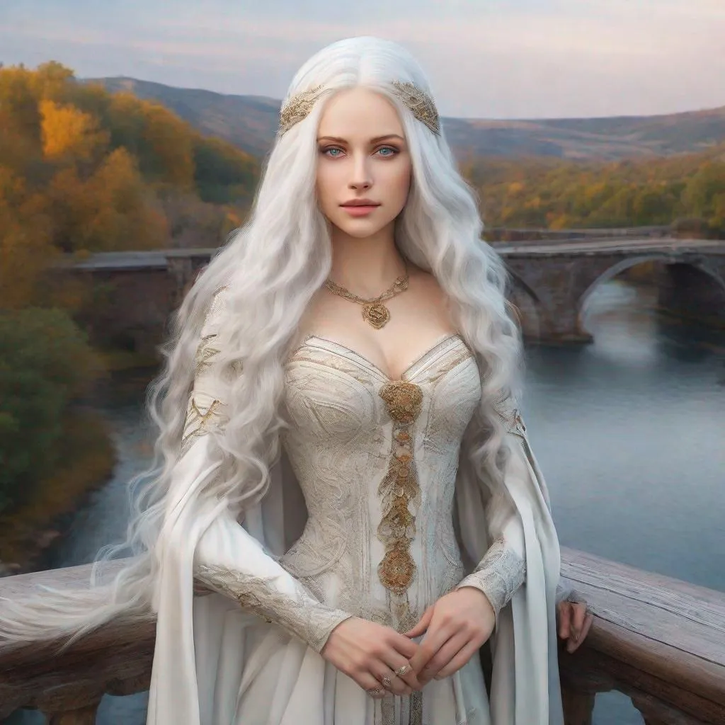 Prompt: beautiful 20 year old women with white hair, white eyebrows, light skin, realistic, ultrarealistic, high quality art, bright eyes, long hair, beauty, real, long hair, symmetrical, anime wide eyes, fair, delicate, medieval, standing on a bridge